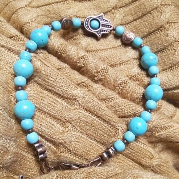 Hamsa Hand Blessings Bracelet! 7.5-8" Wrists! Turquoise Howlite + Copper Beads! - Picture 3 of 8